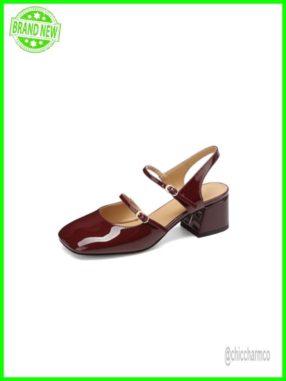 Mary Jane Low Chunky Heels Faux Leather Slingback Square Toe Pumps